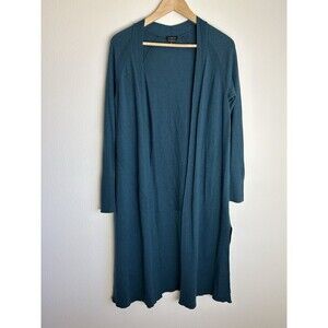 Talbots M 100% Pure Merino Wool Sweater Cardigan Duster Blue Open Front Knit